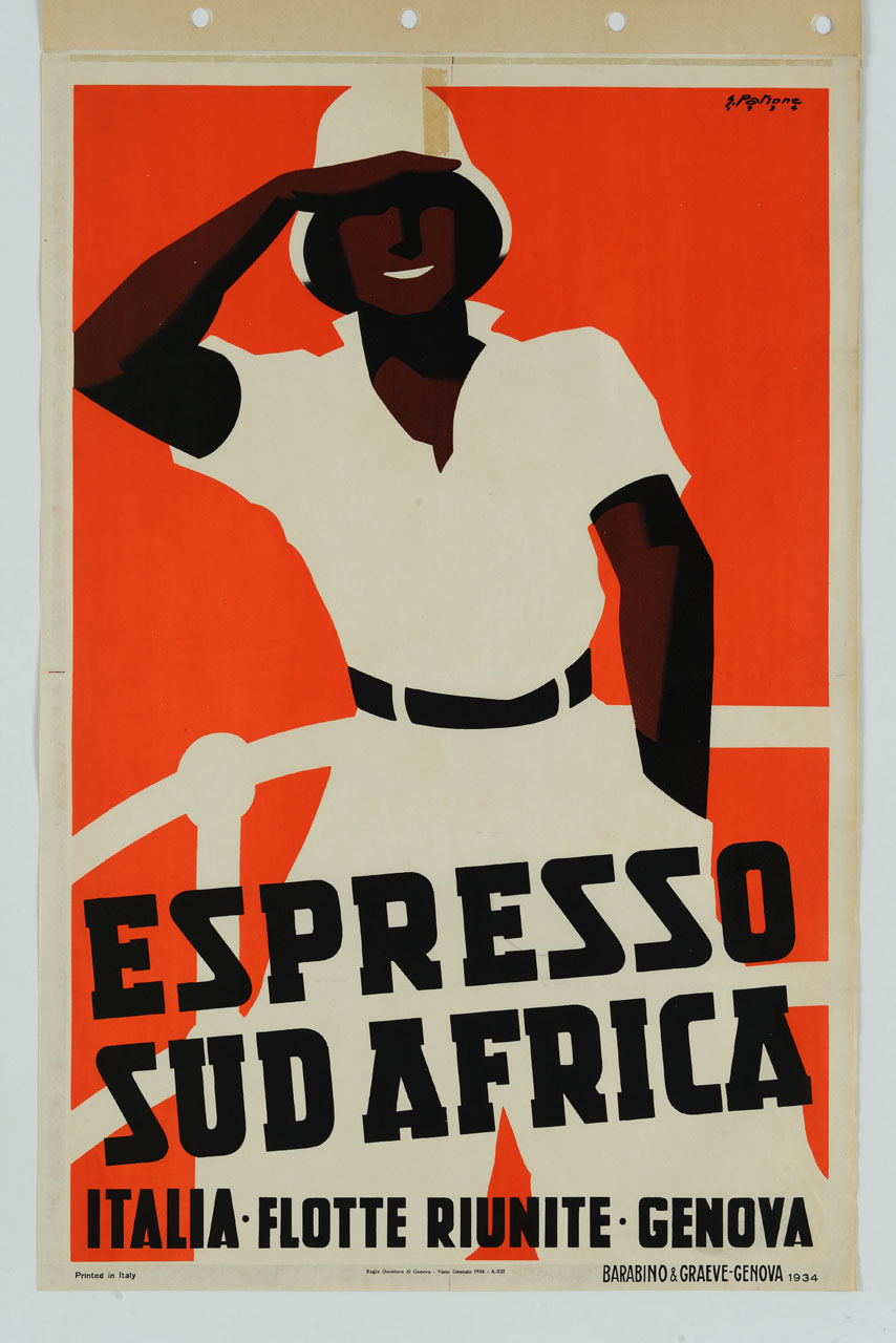 uomo con abiti in stile coloniale accanto a parapetto di nave (manifesto) di Patrone Giovanni (sec. XX)