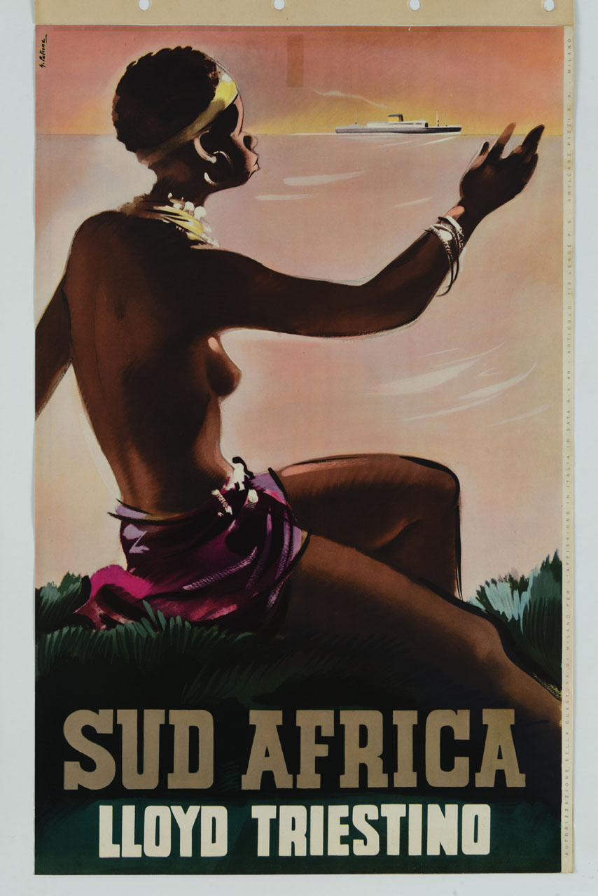 donna di colore osserva un transatlantico sul mare (manifesto) di Patrone Giovanni (sec. XX)