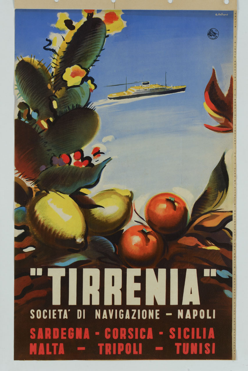 pianta grassa con agrumi e nave che solca il mare (manifesto) di Patrone Giovanni (sec. XX)