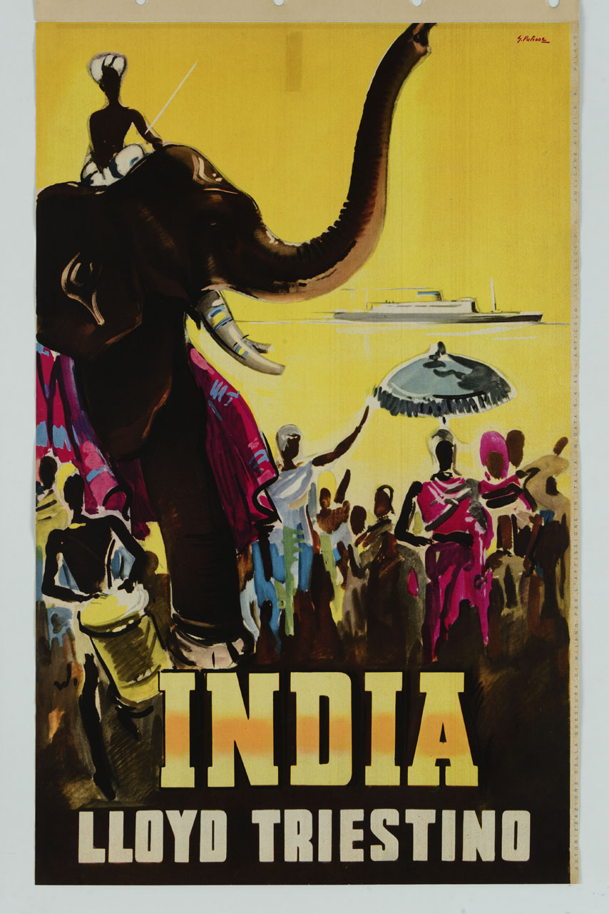 indiani con elefante osservano un transatlantico sul mare (manifesto) di Patrone Giovanni (sec. XX)
