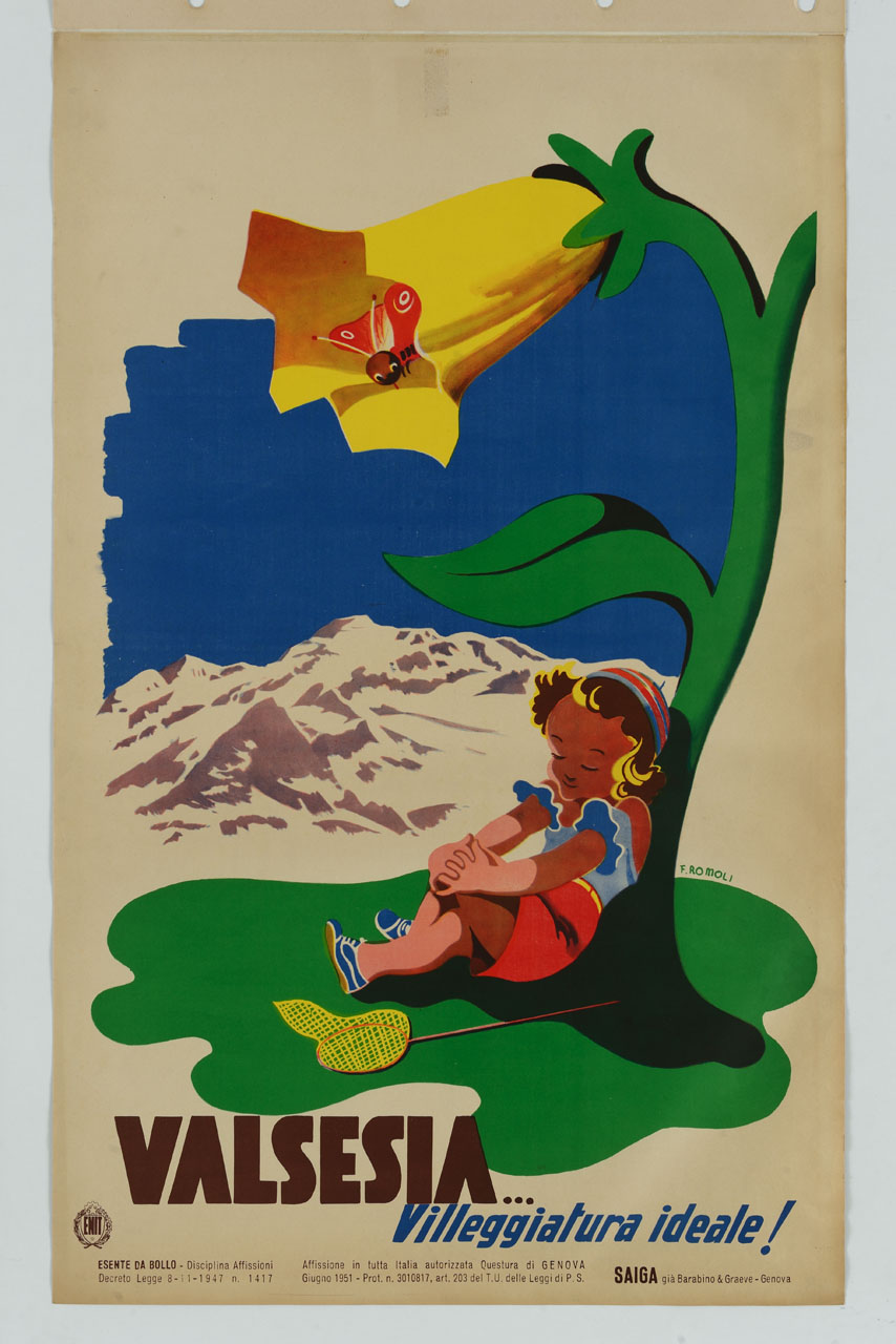 bambina sotto un grande fiore, con retino e farfalla nascosta nel fiore (manifesto) di Romoli Filippo (sec. XX)