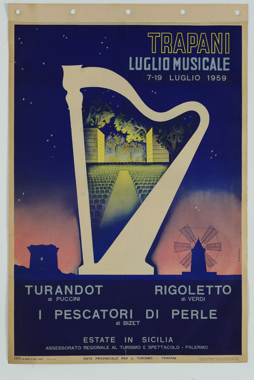 grande arpa con veduta di teatro all'interno, edificio cinese e mulino a vento (manifesto) di Romoli Filippo (sec. XX)