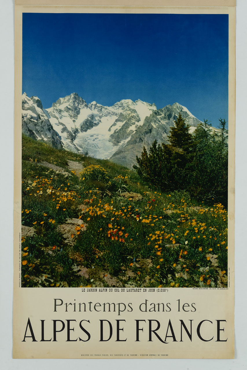 veduta delle Alpi francesi e del giardino botanico del Colle di Lautaret (manifesto) di Serraillier Michael (sec. XX)