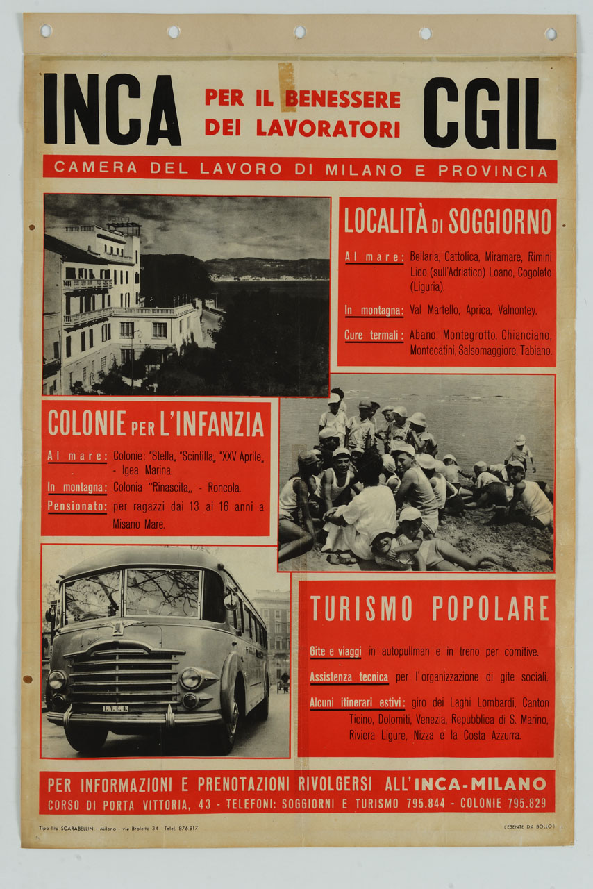 fotografie con luoghi di villeggiatura, colonie per l'infanzia e pullman per turismo popolare (manifesto) - ambito italiano (sec. XX)