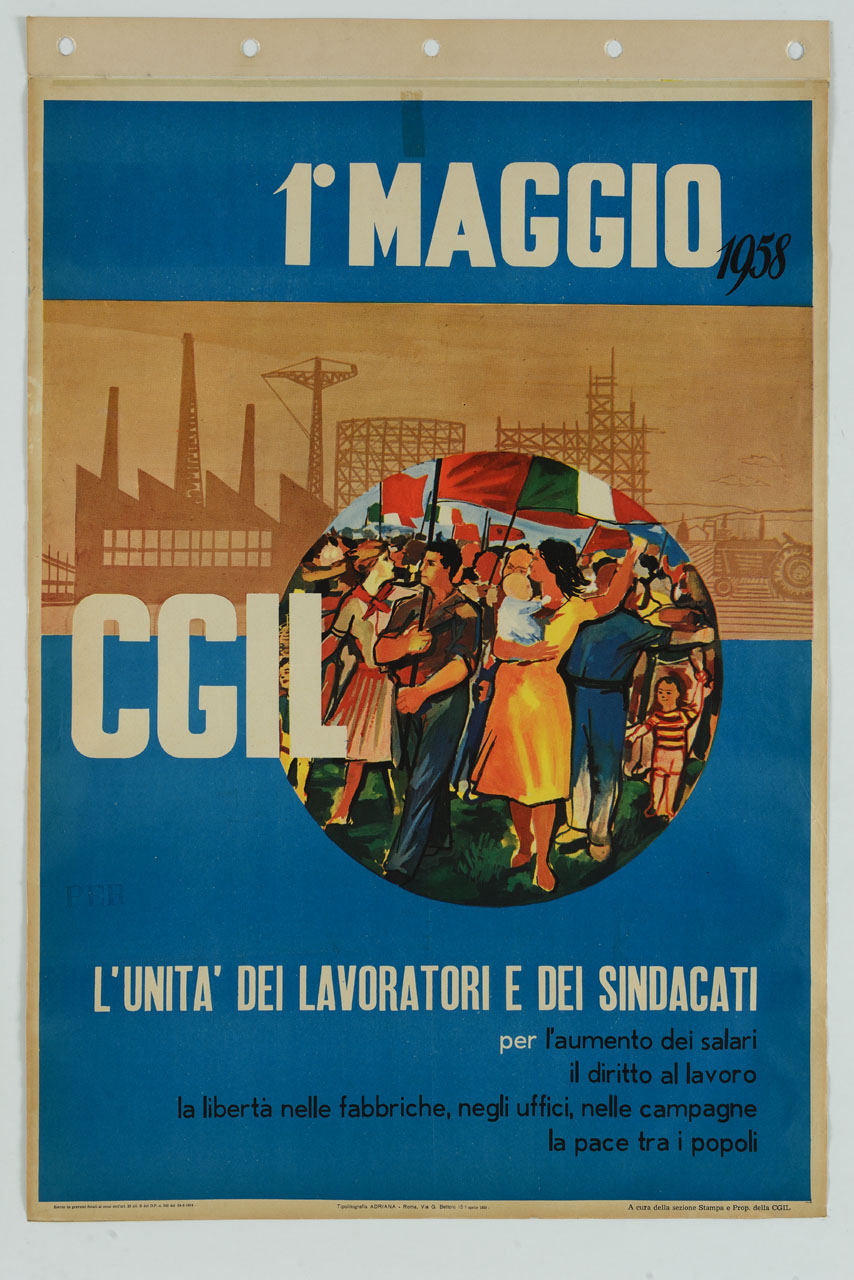 figure in corteo con bandiere, fabbriche e gazometri sul fondo (manifesto) - ambito italiano (sec. XX)