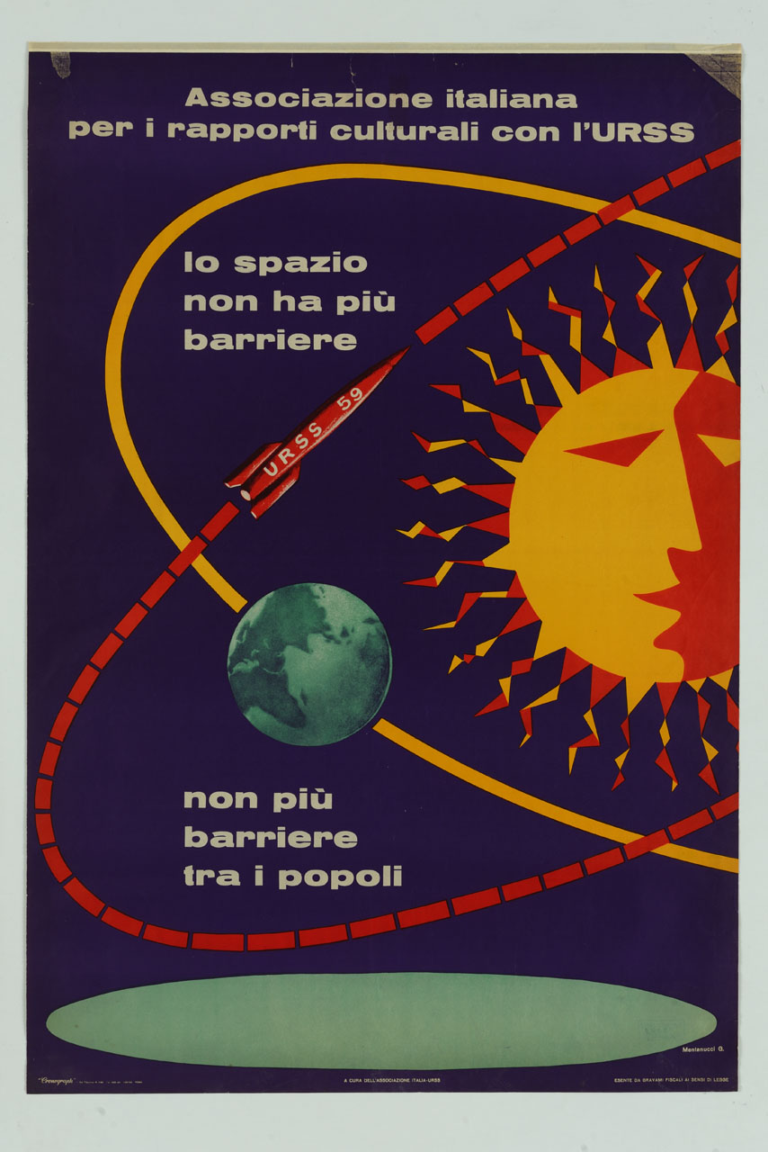 missile in orbita intorno alla Terra e al Sole (manifesto) di Montanucci Giuseppe (sec. XX)