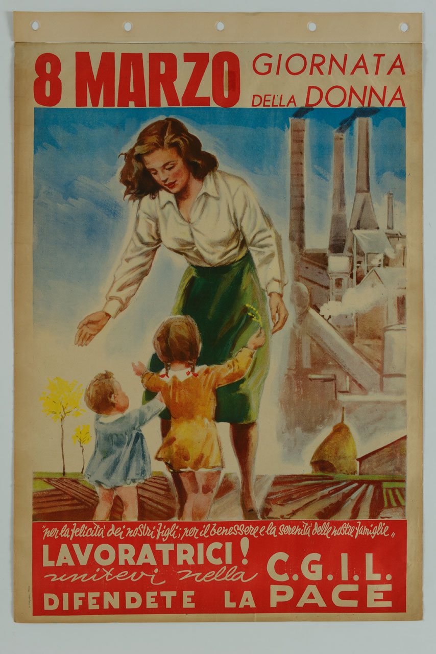 donna con due bambini in un campo con fabbriche sul fondo (manifesto) - ambito italiano (sec. XX)