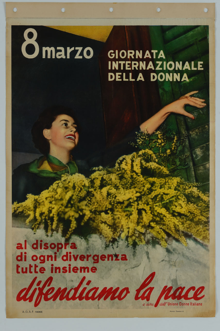 donna affacciata a una finestra con mazzo di mimose (manifesto) - ambito italiano (sec. XX)
