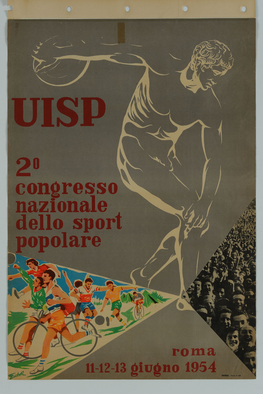 Discobolo, figure di sportivi e folla di persone (manifesto) di Zucchelli Alberto (sec. XX)