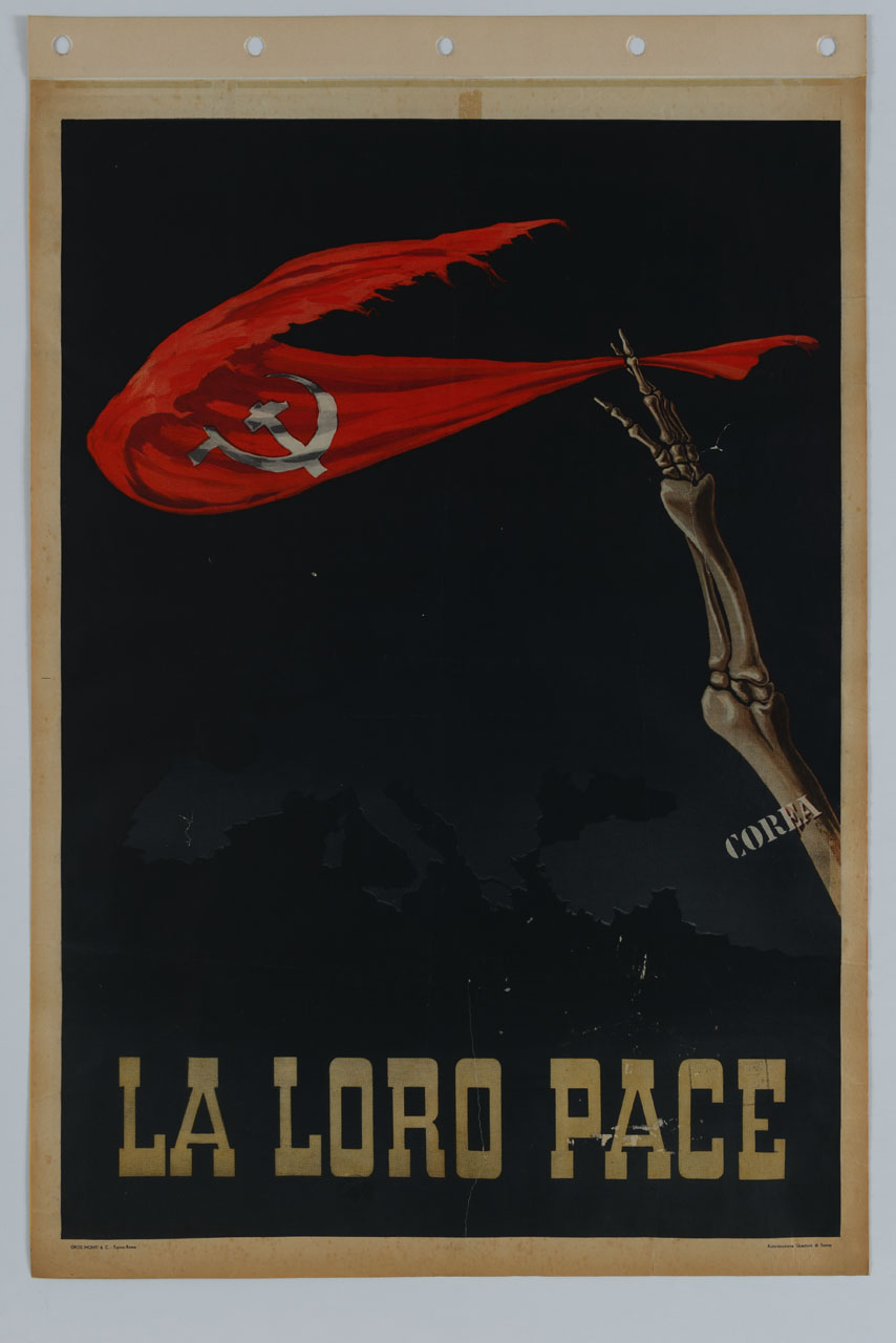 arto scheletrico che sventola una bandiera comunista (manifesto) - ambito italiano (sec. XX)