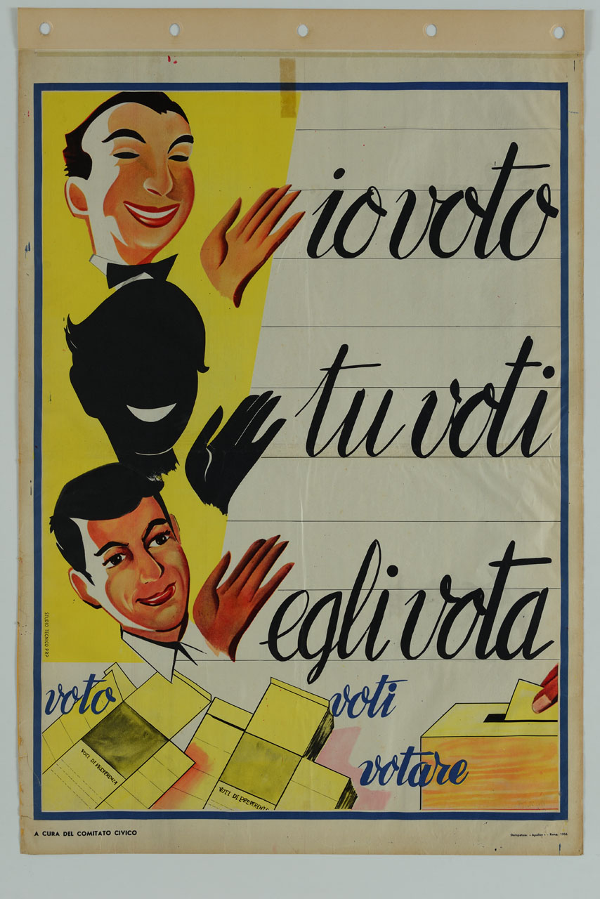 tre figure con schede e urna elettorale (manifesto) di Studio tecnico PRP - ambito italiano (sec. XX)