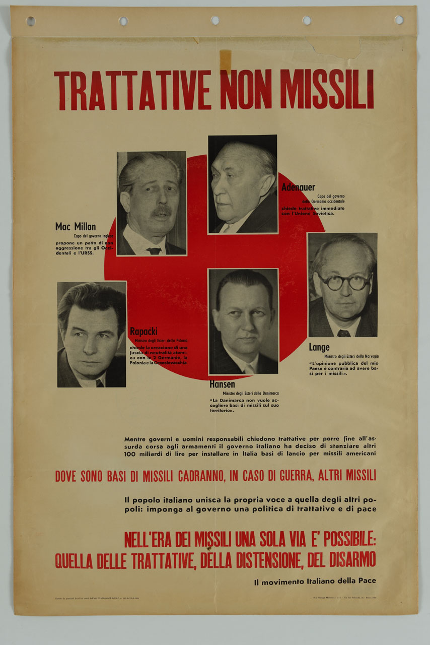 fotografie di Mac Millan, Adenauer, Rapacki, Hansen e Lange sullo sfondo di un cerchio rosso (manifesto) - ambito italiano (sec. XX)