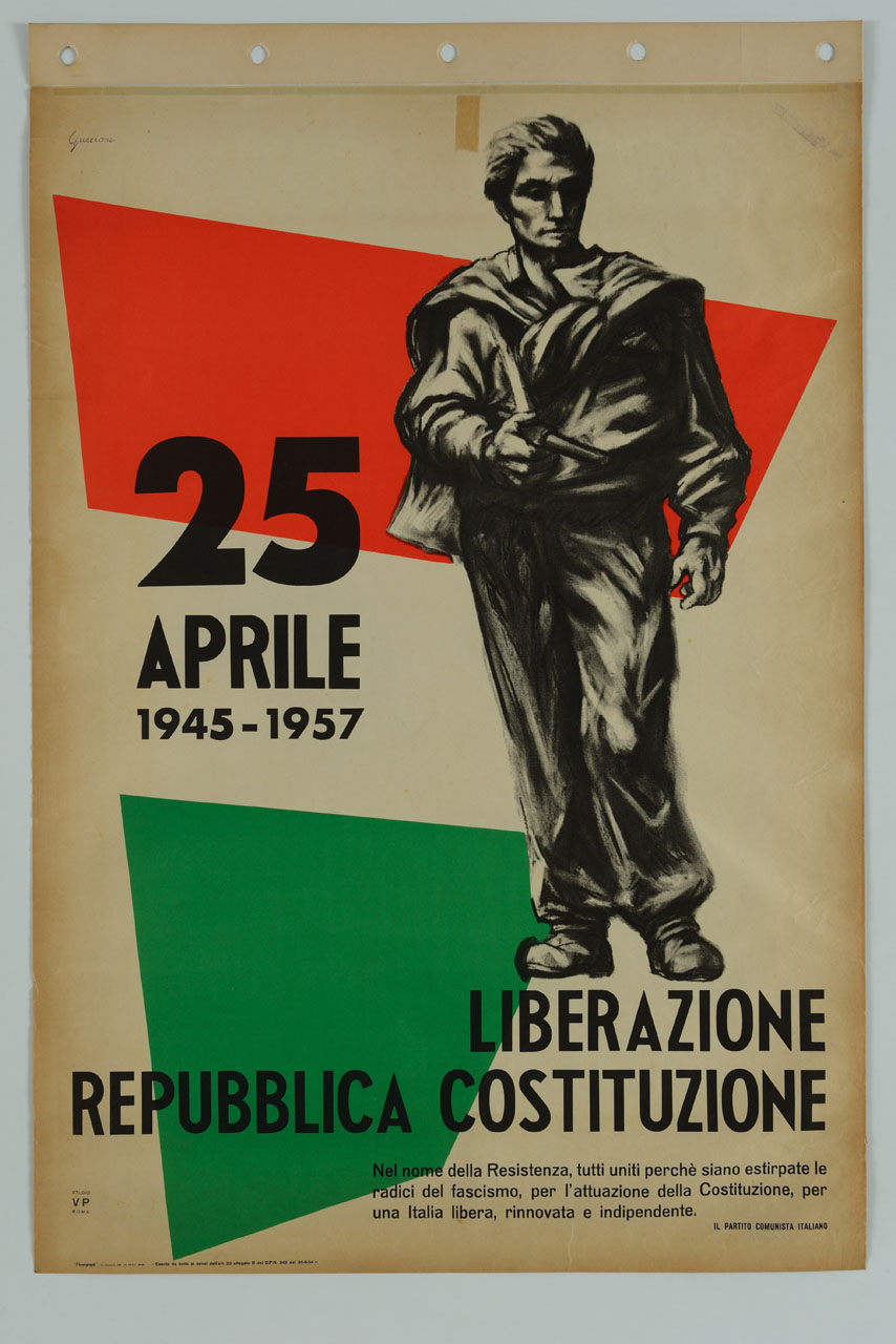 partigiano con pistola in mano sullo sfondo del tricolore (manifesto) di Studio Visigalli Pasetti (sec. XX)