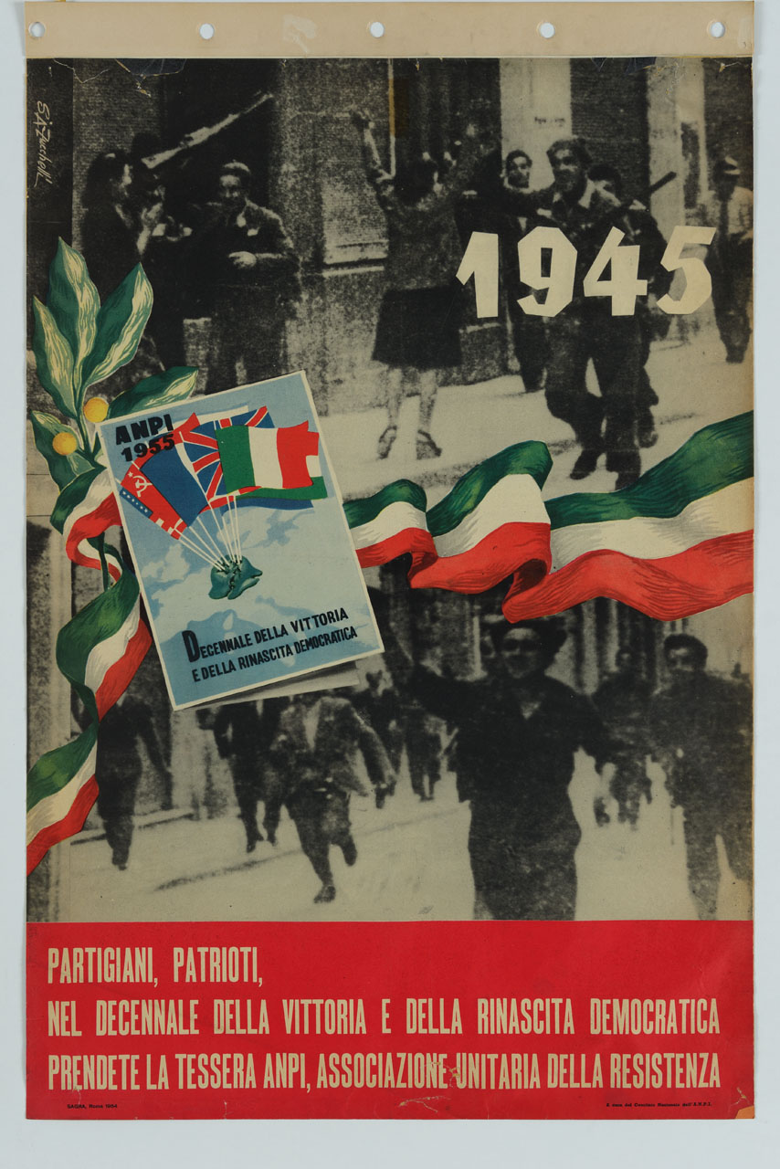 uomini e donne con fucili corrono nelle strade, con nastro tricolore e tessera dell'ANPI (manifesto) di Zucchelli Alberto (sec. XX)