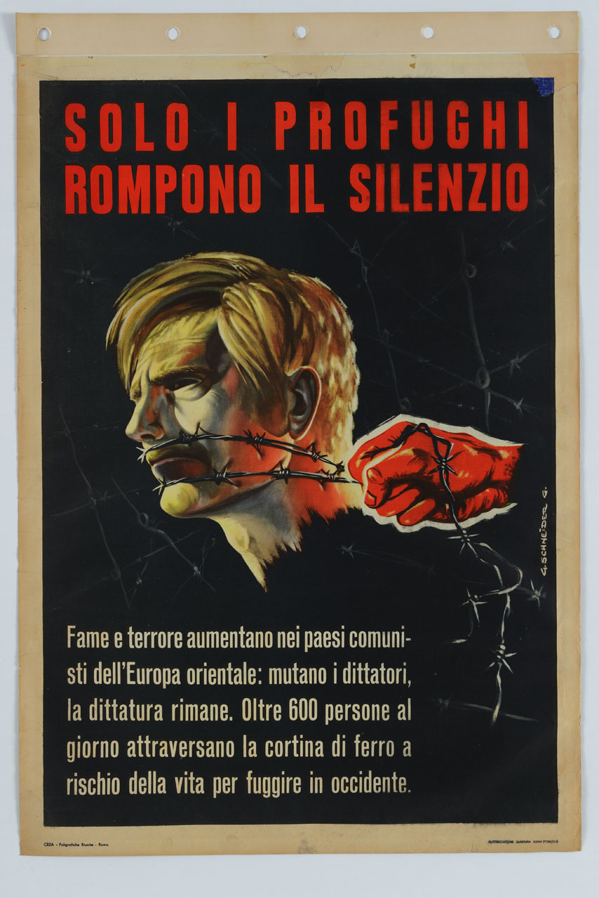 mano che tiene del filo spinato intorno alla bocca di un uomo (manifesto) di Schneider G - ambito italiano (sec. XX)
