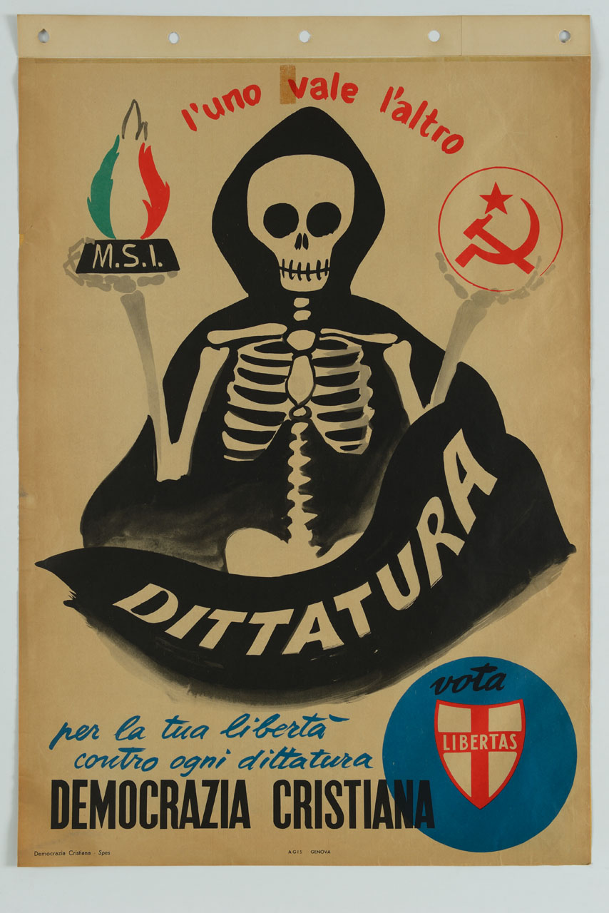 scheletro in mantello nero con simboli del MSI e del PCI (manifesto) - ambito italiano (sec. XX)