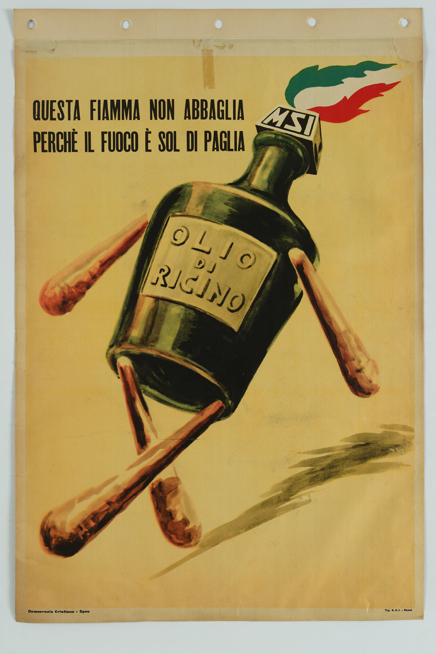 bottiglia di olio di ricino con randelli come arti e simbolo del MSI (manifesto) - ambito italiano (sec. XX)