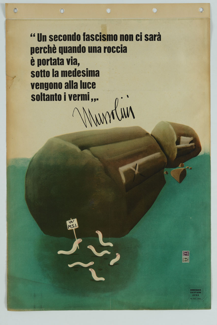 colonna con fascio littorio caduta a terra e spezzata, con vermi (manifesto) - ambito italiano (sec. XX)