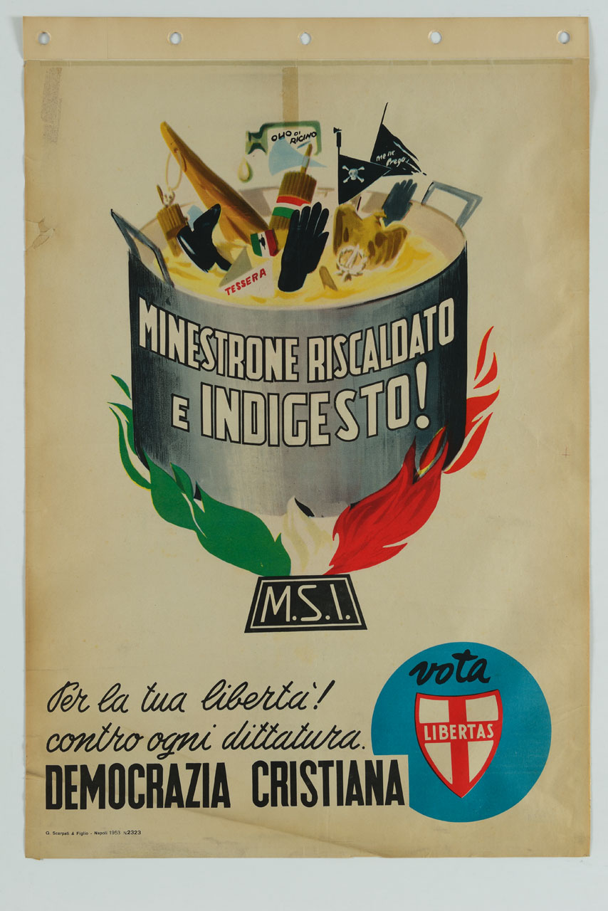 pentolone con oggetti simbolo del fascismo sopra la fiamma simbolo del MSI (manifesto) - ambito italiano (sec. XX)