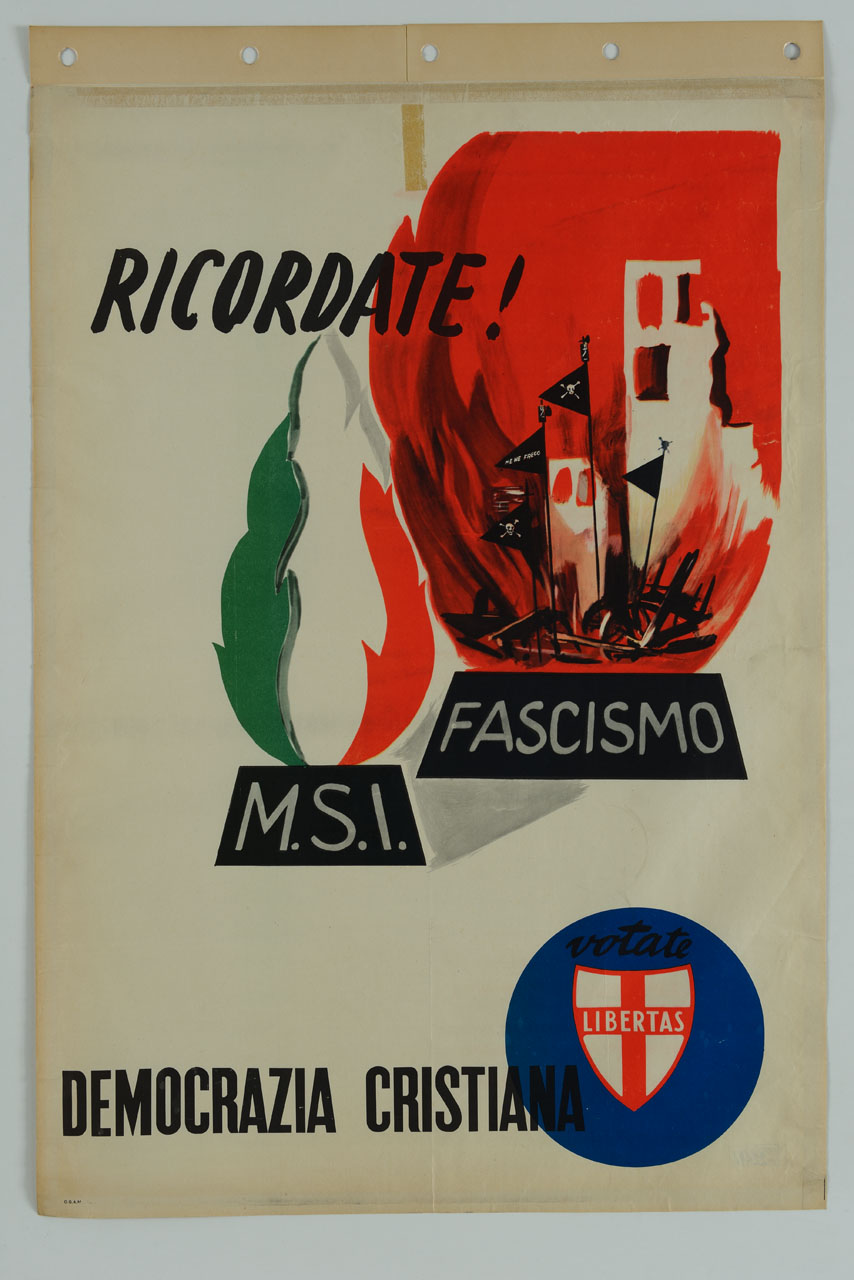 simbolo del MSI e figurazione simile del fascismo con macerie e gagliardetti in fiamme (manifesto) - ambito italiano (sec. XX)