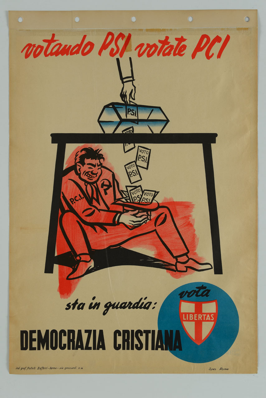 uomo sotto un tavolo raccoglie le schede elettorali che cadono dall'urna soprastante (manifesto) - ambito italiano (sec. XX)