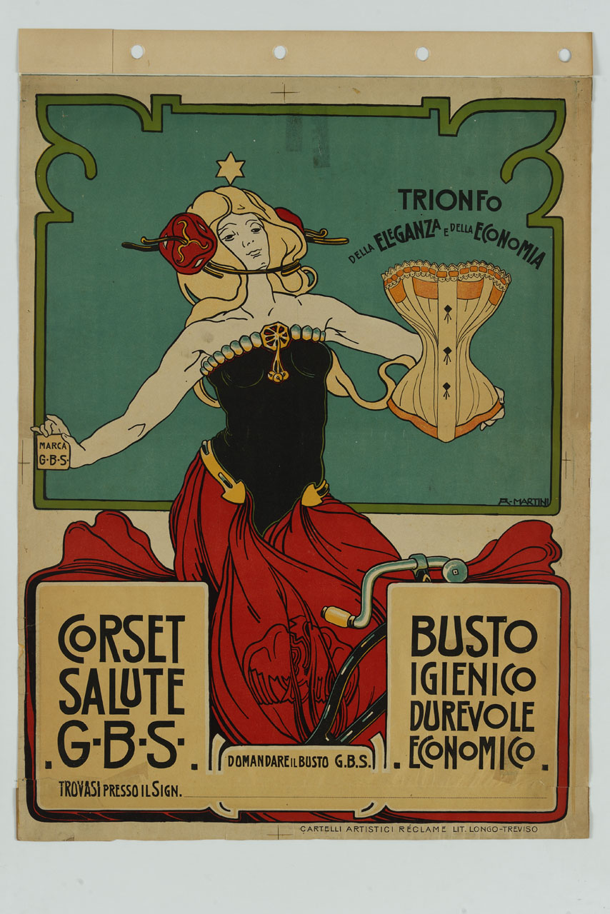 figura femminile in bicicletta regge un corsetto (manifesto) di Martini Alberto Giacomo Spiridione (sec. XX)