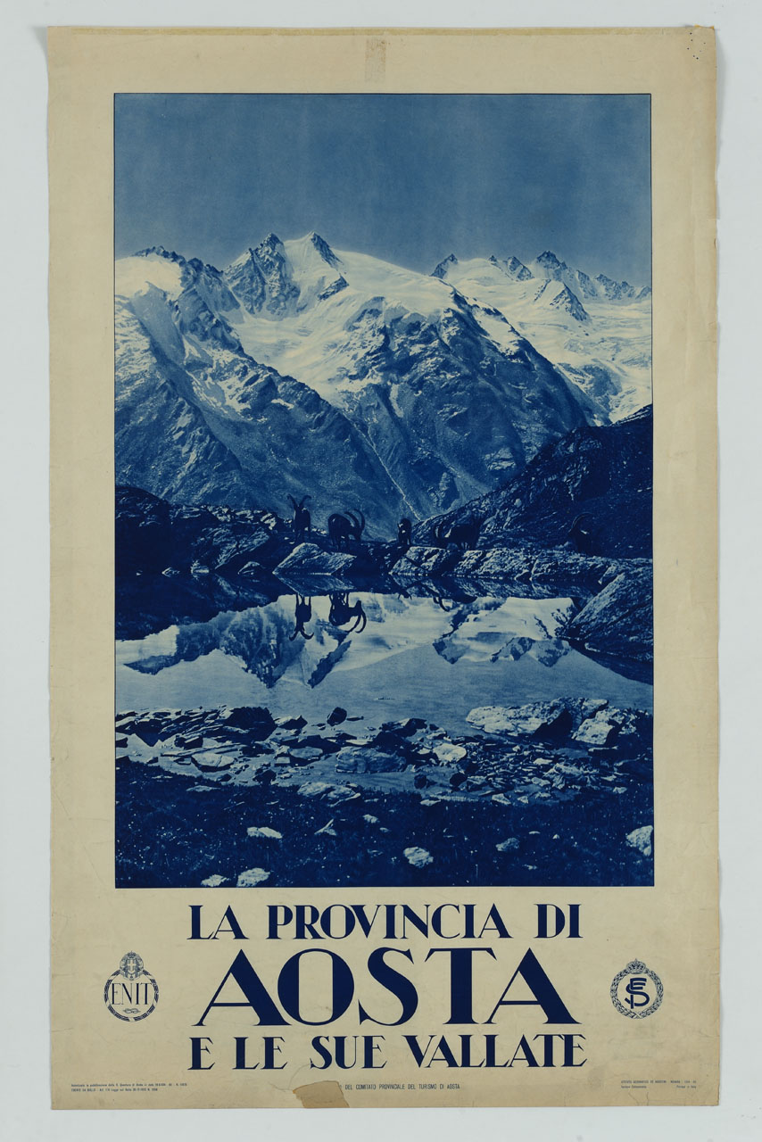 veduta delle Alpi con laghetto e stambecchi (manifesto) - ambito italiano (sec. XX)