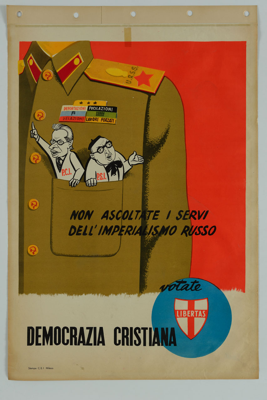 caricatura di Togliatti e Nenni nel taschino di un ufficiale sovietico (manifesto) - ambito italiano (sec. XX)