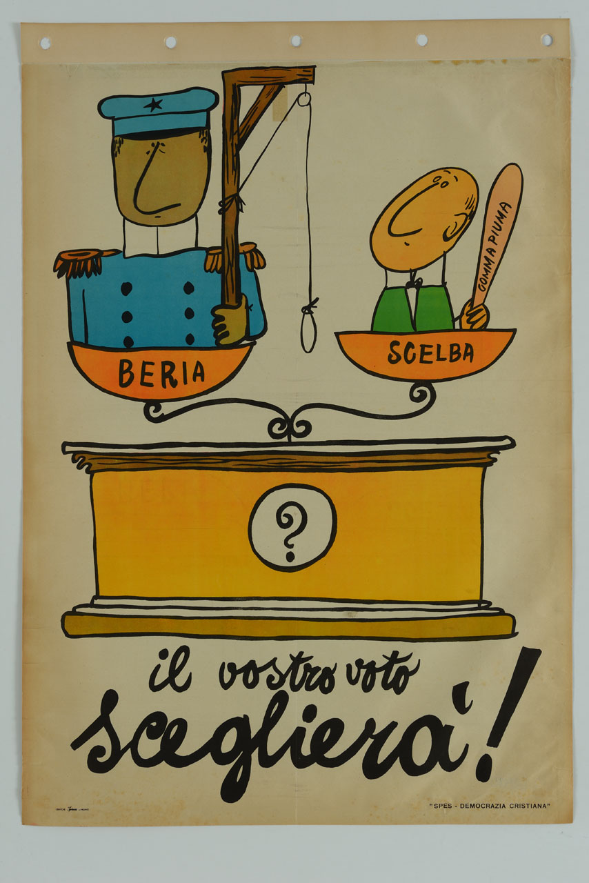 caricatura di Beria con forca e Scelba con randello sui piatti di una bilancia (manifesto) - ambito italiano (sec. XX)