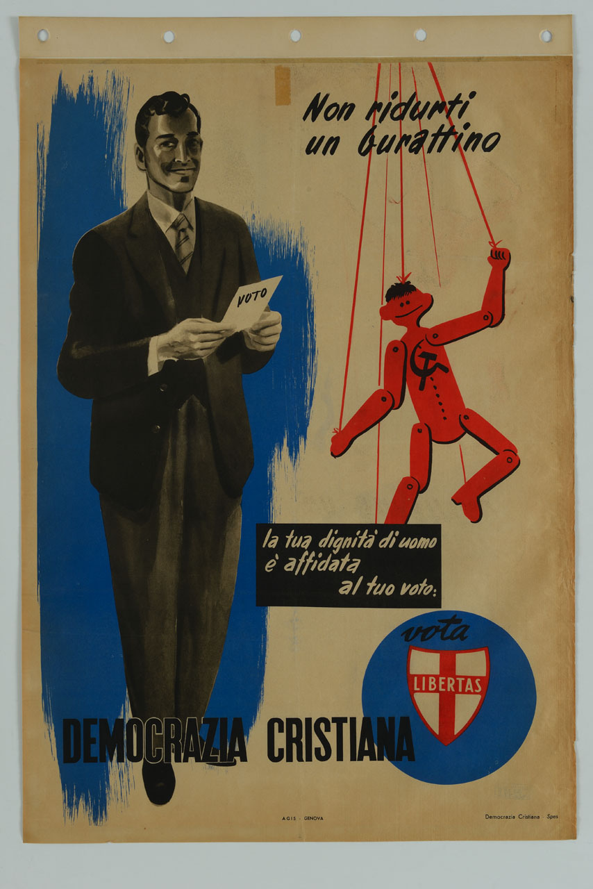 uomo con scheda elettorale e burattino con simbolo comunista (manifesto) - ambito italiano (sec. XX)