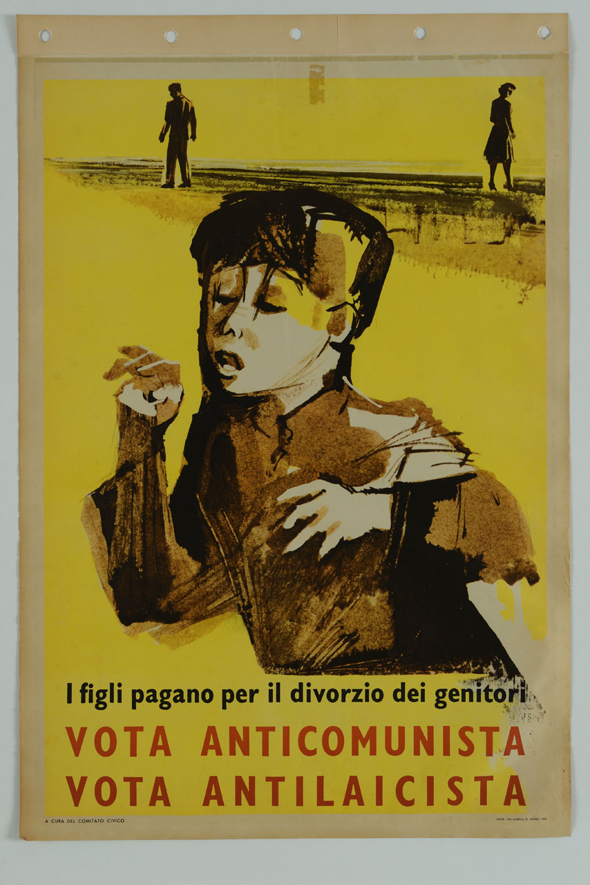 bambino in posa scomposta con genitori che si allontanano sul fondo (manifesto) - ambito italiano (sec. XX)