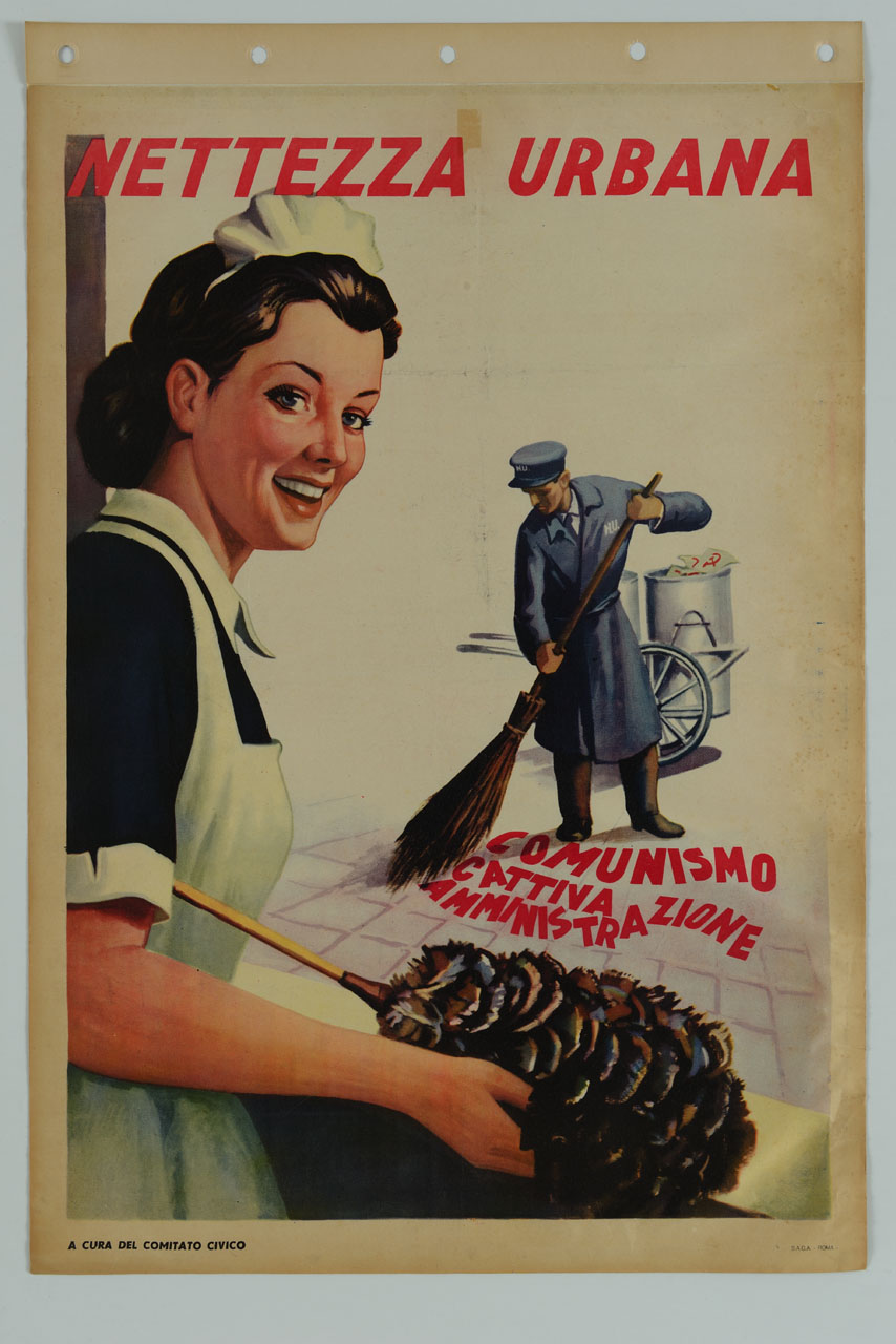 domestica con piumino e netturbino che spazza la strada (manifesto) - ambito italiano (sec. XX)