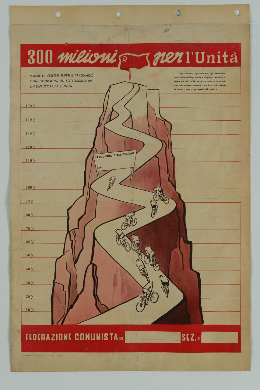 ciclisti in salita verso una vetta con traguardo e bandiera comunista (manifesto) - ambito italiano (sec. XX)