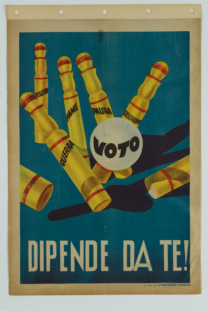 boccia bianca abbatte birilli gialli (manifesto) - ambito italiano (sec. XX)