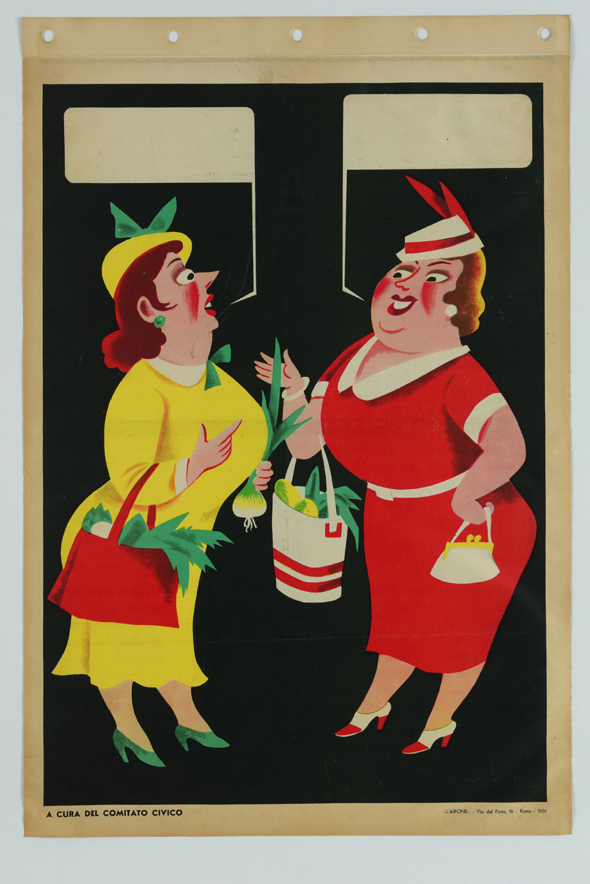 due donne a colloquio con borse della spesa, due donne a colloquio con borse della spesa (manifesto) di Onorato Umberto (sec. XX)