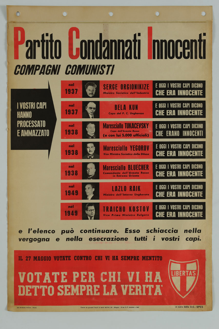 freccia che indica 7 esempi con scritte e fotografie di condannati dal regime comunista (manifesto) - ambito italiano (sec. XX)