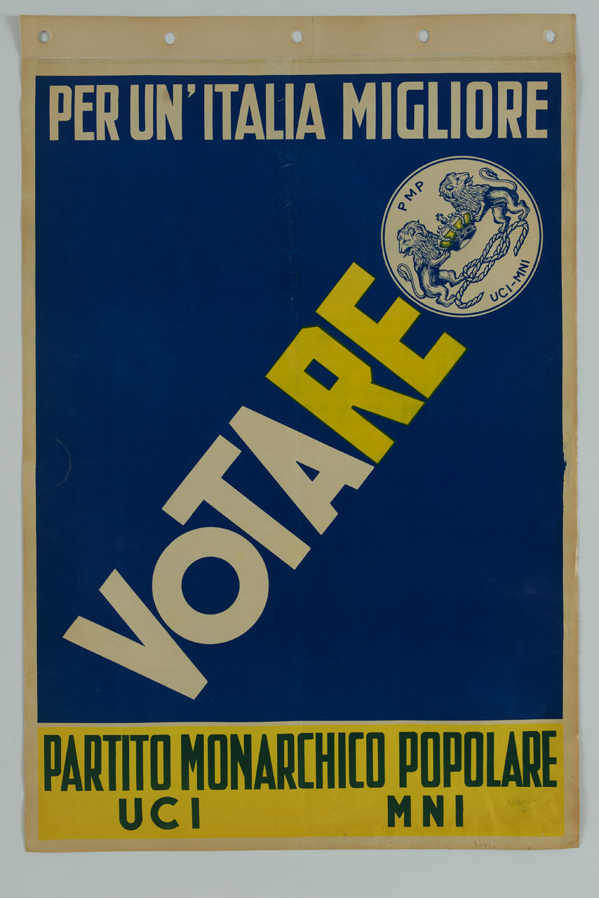 simbolo del Partito Monarchico Popolare e iscrizione su fondo blu (manifesto) - ambito italiano (sec. XX)
