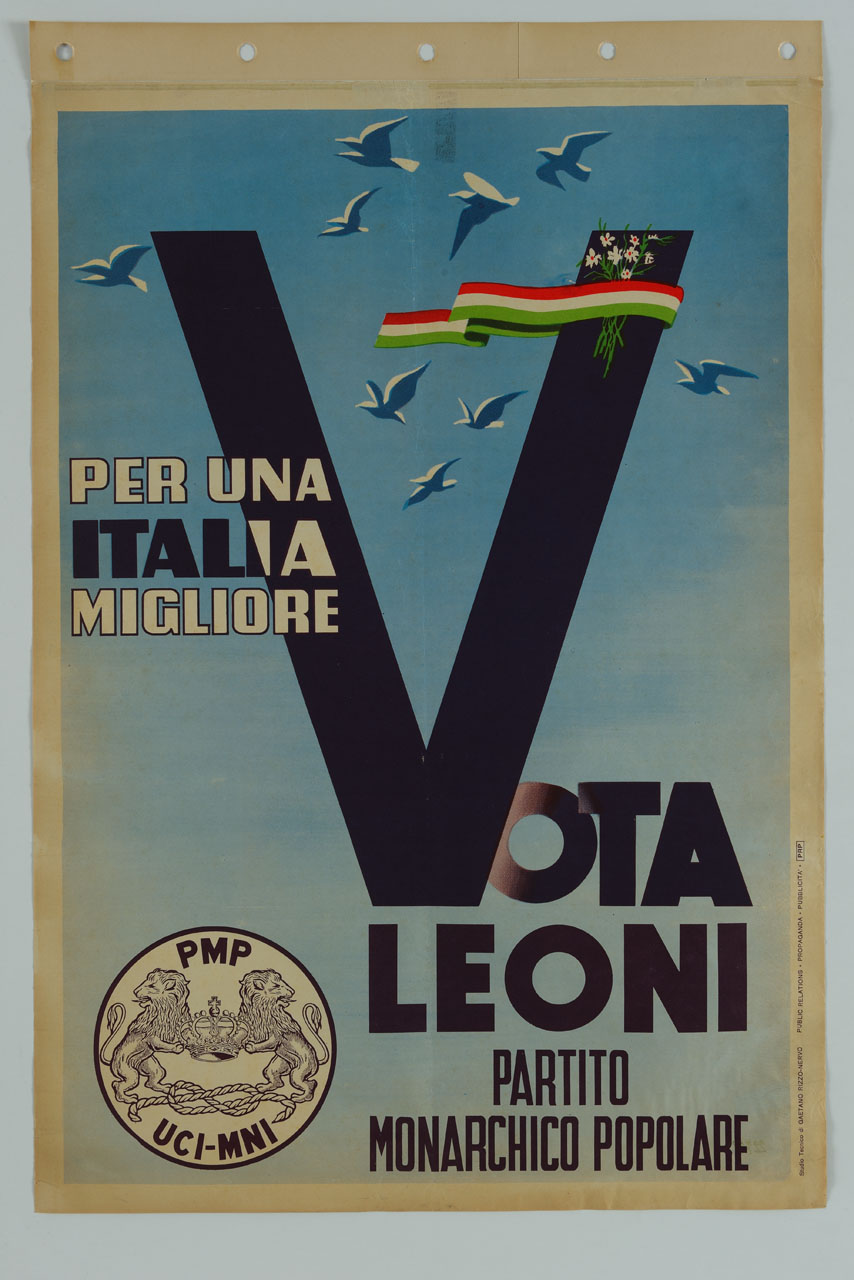scritte con nastro tricolore, mazzo di fiori e colombe in volo (manifesto) - ambito italiano (sec. XX)