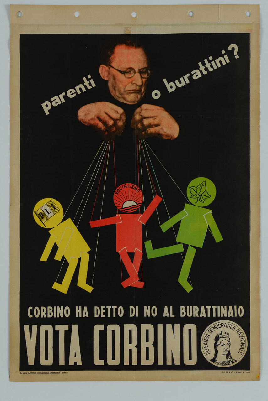 Togliatti manovra tre burattini con simboli del PLI, PSDI e PRI (manifesto) - ambito italiano (sec. XX)