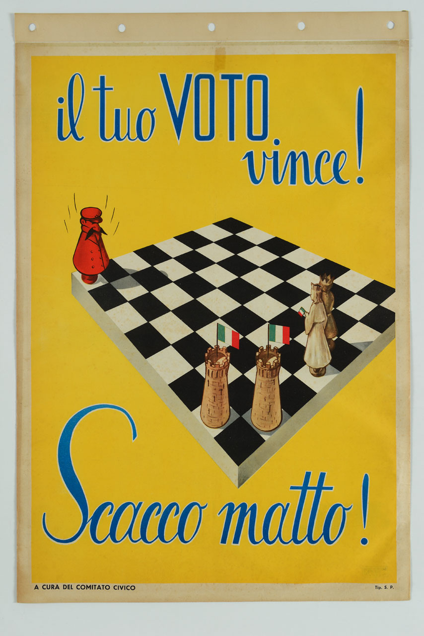 scacchiera con Stalin, due torri con bandiera tricolore, re e regina (manifesto) - ambito italiano (sec. XX)