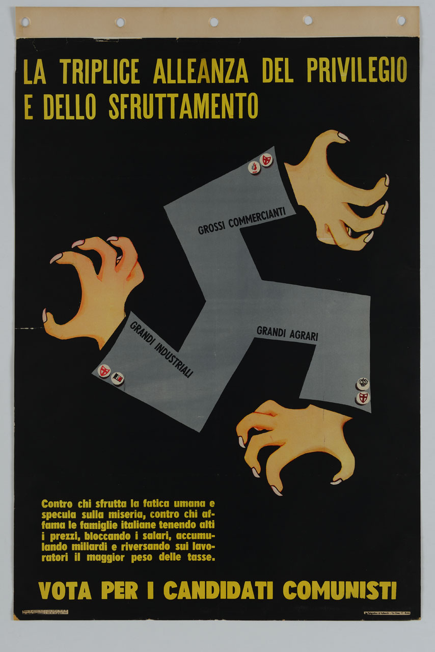 tre mani artigliate unite in un solo braccio con simboli politici (manifesto) - ambito italiano (sec. XX)