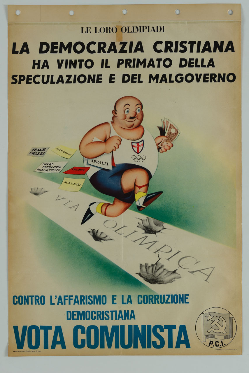 omino corre con banconote e biglietti in mano su una strada con buche (manifesto) - ambito italiano (sec. XX)