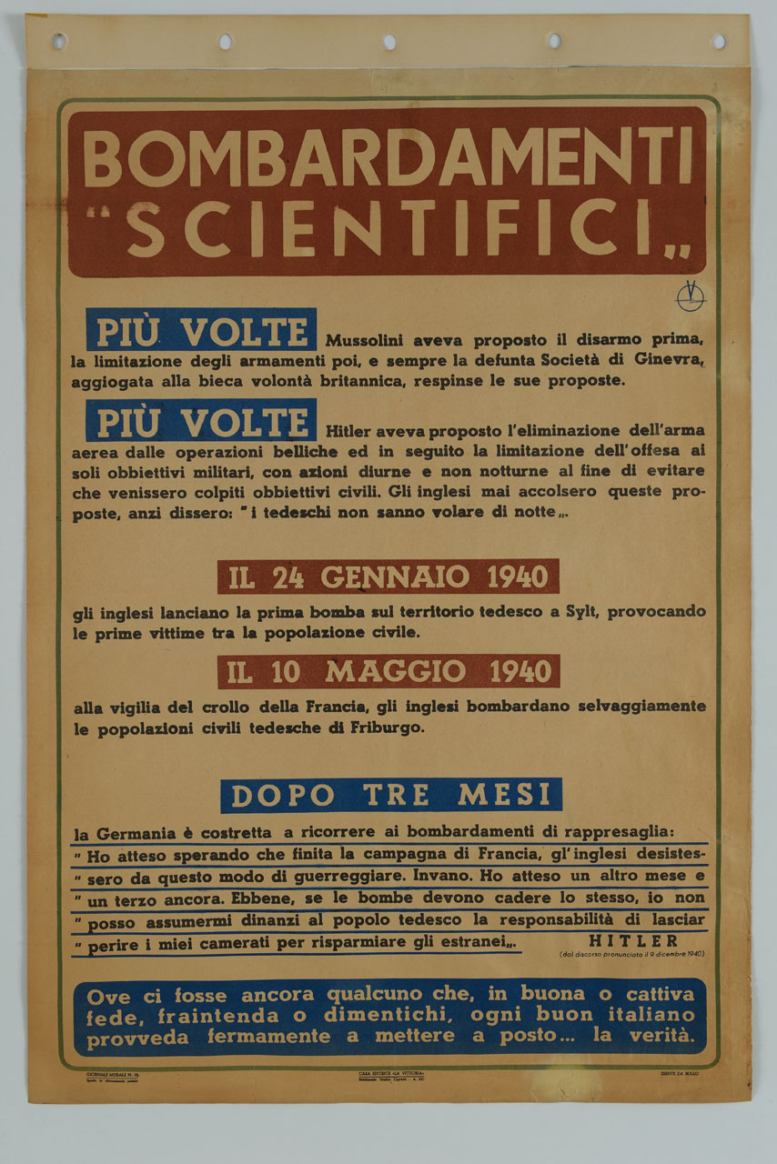 scritte evidenziate da fasce marroni e blu (manifesto) - ambito italiano (sec. XX)