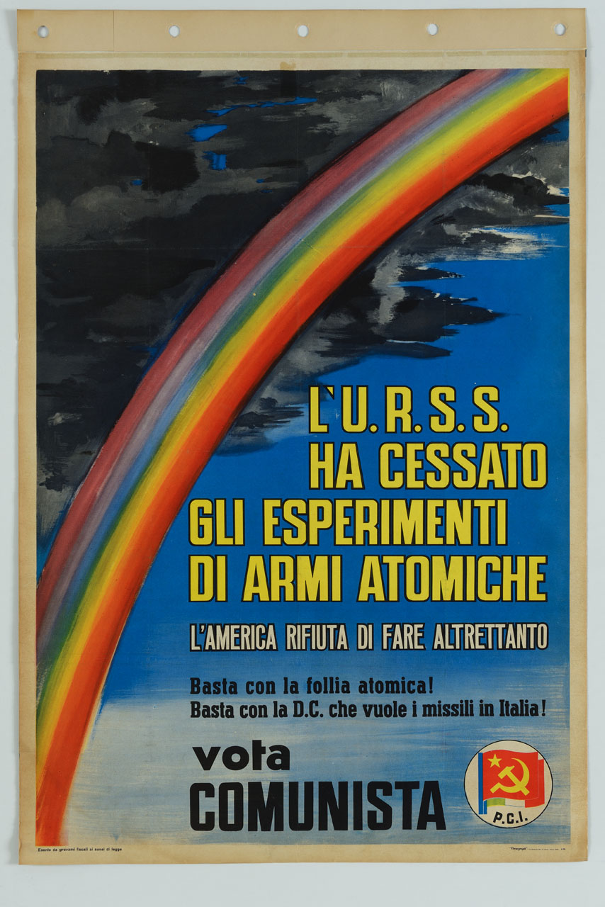 arcobaleno divide il cielo sereno dalle nuvole nere (manifesto) - ambito italiano (sec. XX)