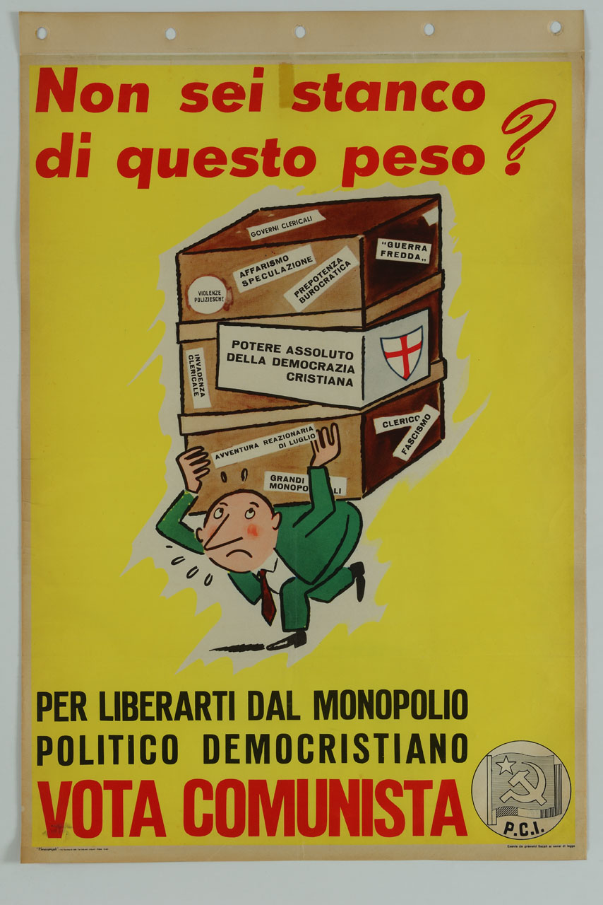 omino con grande pacco sulle spalle e simboli della Democrazia Cristiana (manifesto) - ambito italiano (sec. XX)