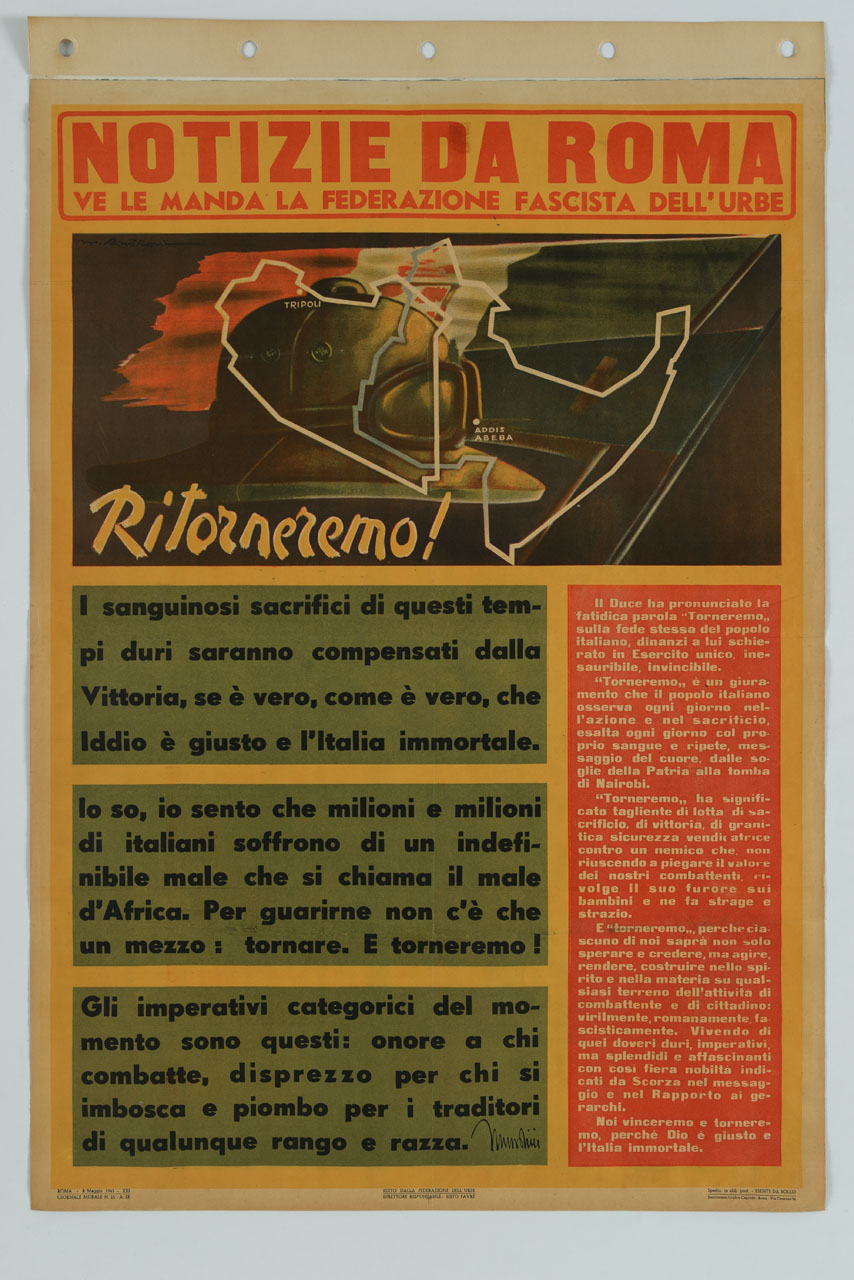 casco coloniale, sagoma geografica del Nord Africa e bandiera tricolore sovrapposti (manifesto) di Roveroni Walter (sec. XX)