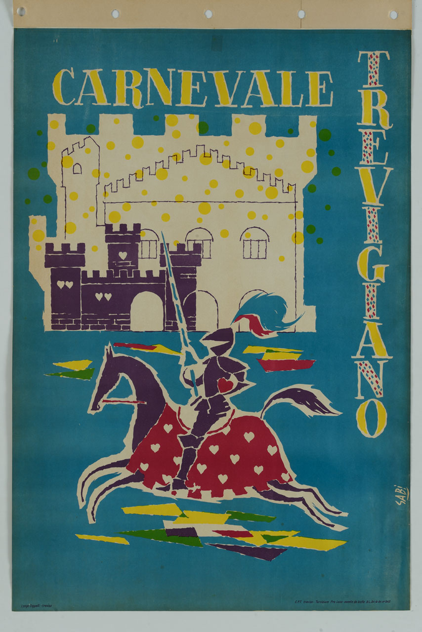 cavaliere con guadrappa a cuori sullo sfondo del Castello d'Amore e del Palazzo dei Trecento a Treviso (manifesto) di Bidasio Degli Imberti Sandro detto Sabi (sec. XX)