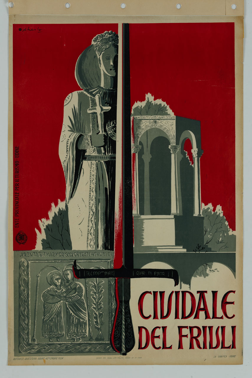 rilievo con Visitazione dell'altare di Ratchis, altorilievo con santa martire incoronata del Tempietto Longobardo, battistero di Callisto e spada patriarcale (manifesto) di Merlo Aldo (sec. XX)