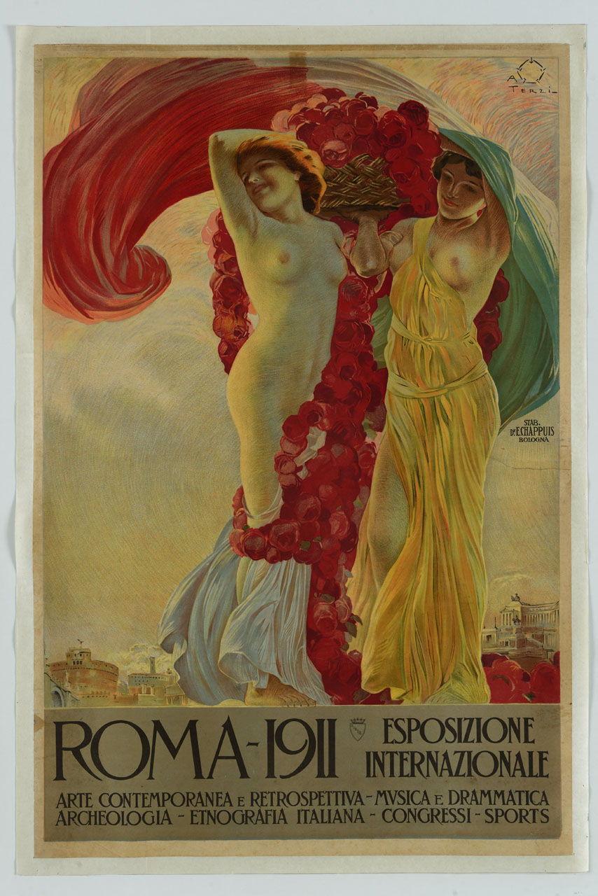 figure femminili con bandiera italiana sorreggono una cesta con rose (manifesto) di Terzi Aleardo (sec. XX)