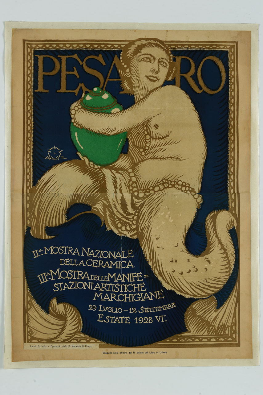 sirena bicaudata con vaso (manifesto, stampa composita) di Terzi Aleardo (sec. XX)